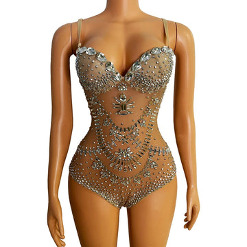 Sparkly Silver Crystal Rhinestone Mesh Leotard Stage Performance Costume