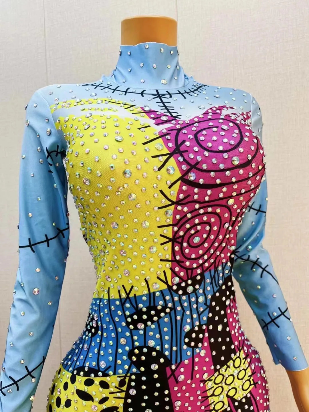 Women's Sky Blue AB Rhinestone Bodysuit & Leggings Set | Colorful Sparkly Jumpsuit for Stage & Club