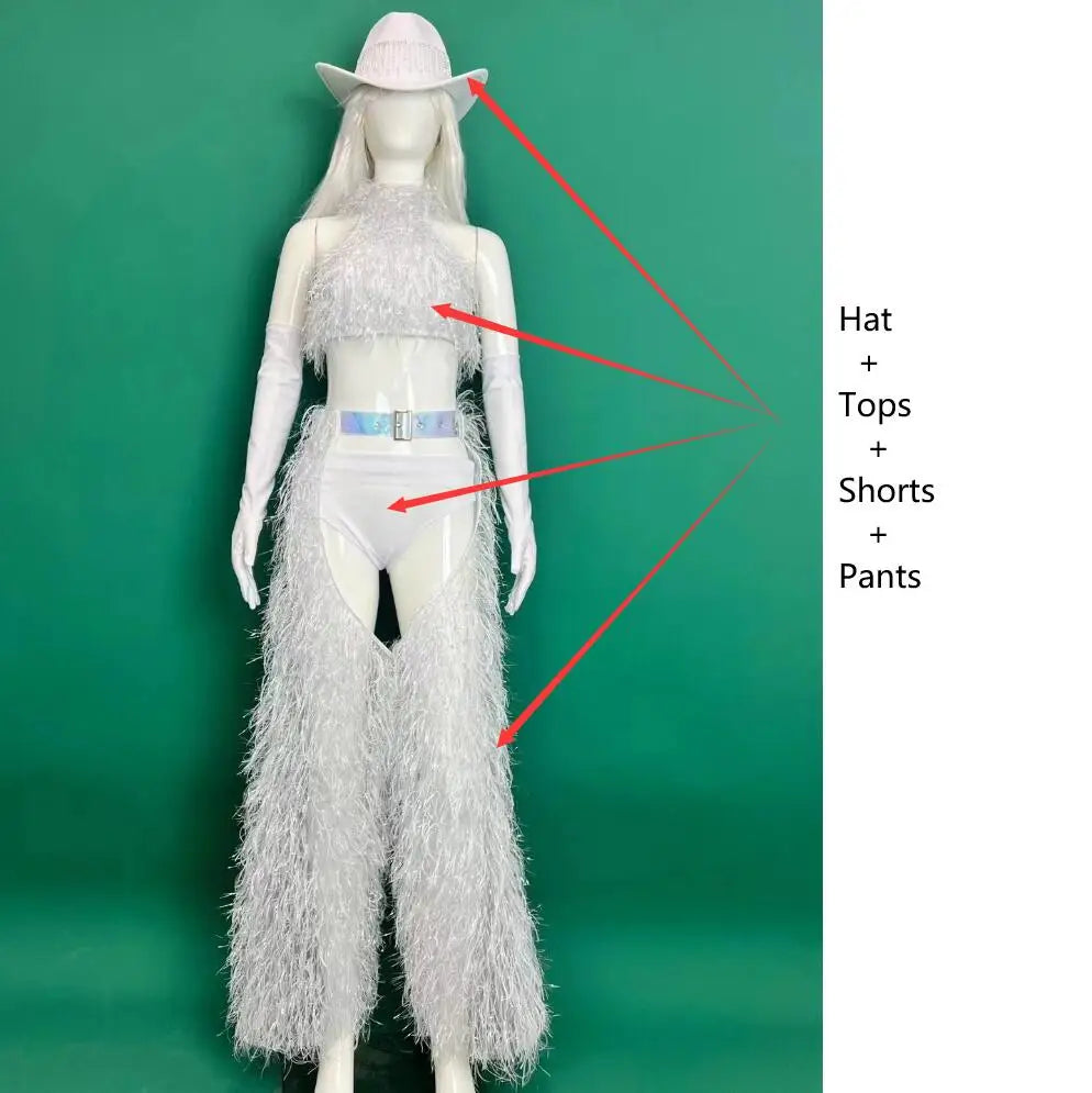 White Faux Fur Halter Top, Flare Chaps Pants, Long Gloves & Hat 4-Piece Stage Dance Costume Set
