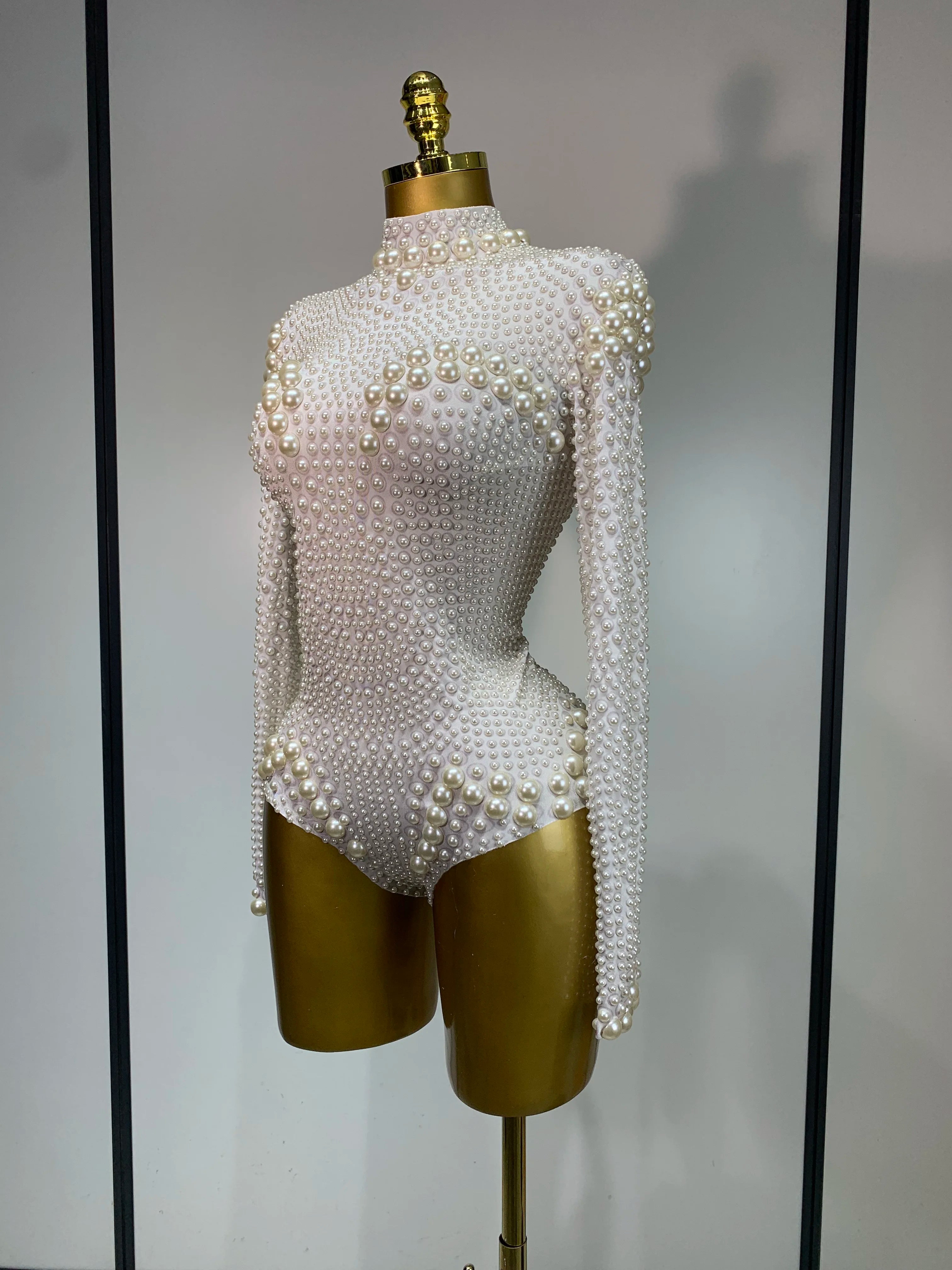 Luxury Pearl Long Sleeve Spandex Stretch Bodysuit Evening Stage Performance Costume