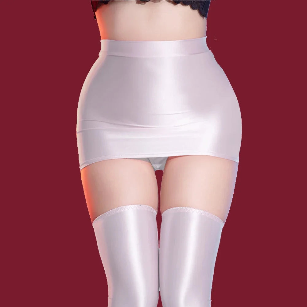 Women Oil Glossy Shiny Micro Mini Skirt Stain Smooth Tight Maid Pencil Skirt Elastic Packet Hip Sweet Girl Shaping Cute Skirt