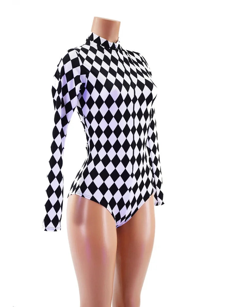 Harlequin Check Long Sleeve Cutout Bodysuit Sexy Circus Clown Stage Dance Bodysuit