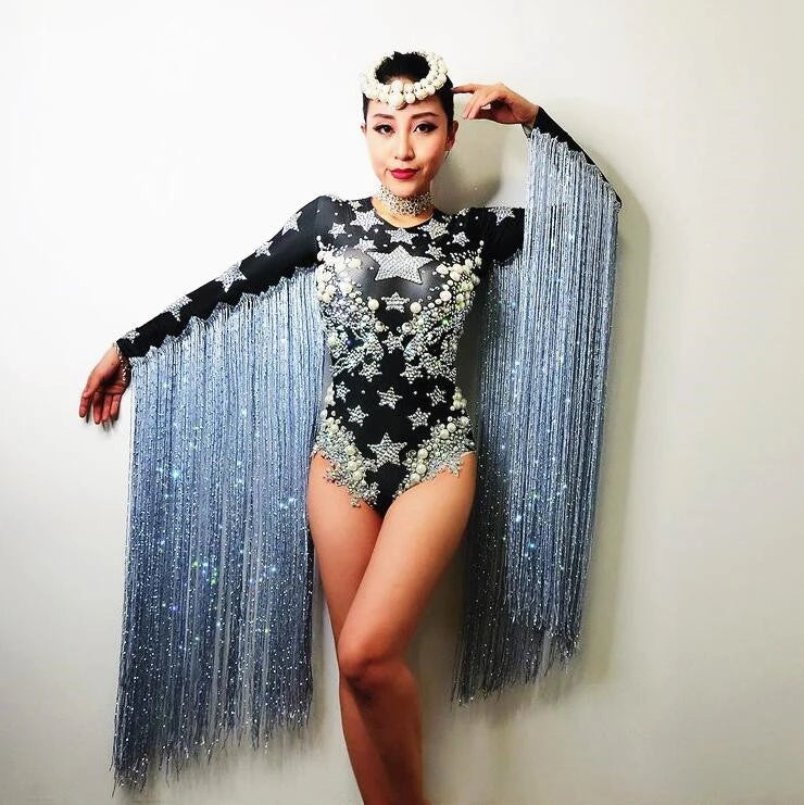 Sparkly Gray Crystal Star & Tassel Fringe Bodysuit Stage Performance Costume