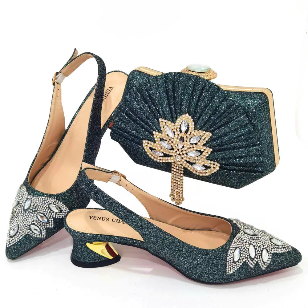 Women's Silver Mid Heels Frosted Crystal Shoes And Bag Set