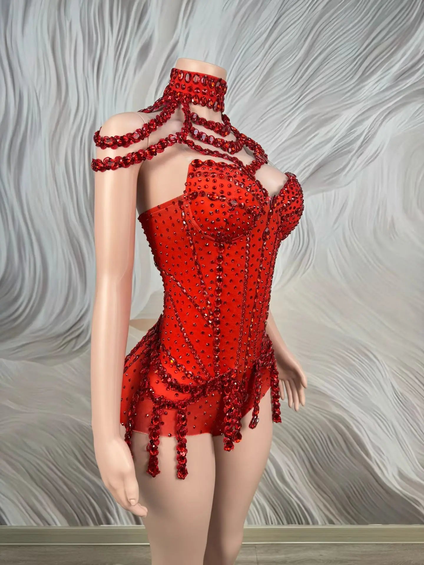 Sparkly Rhinestone Tassel Spandex Bodysuit Halter Dance Stage Costume Leotard