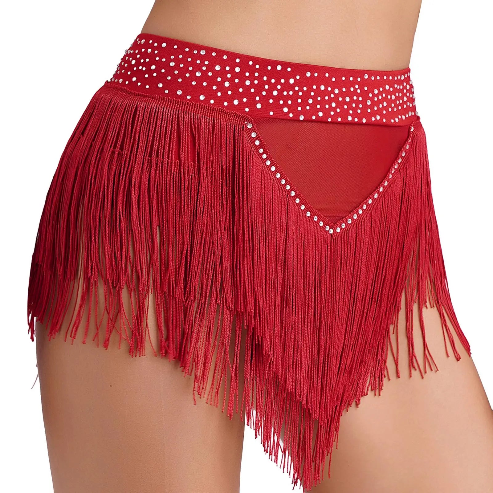 Rhinestone Tassel High-Waist Dance Shorts & Sheer Mesh Fringe Skirt