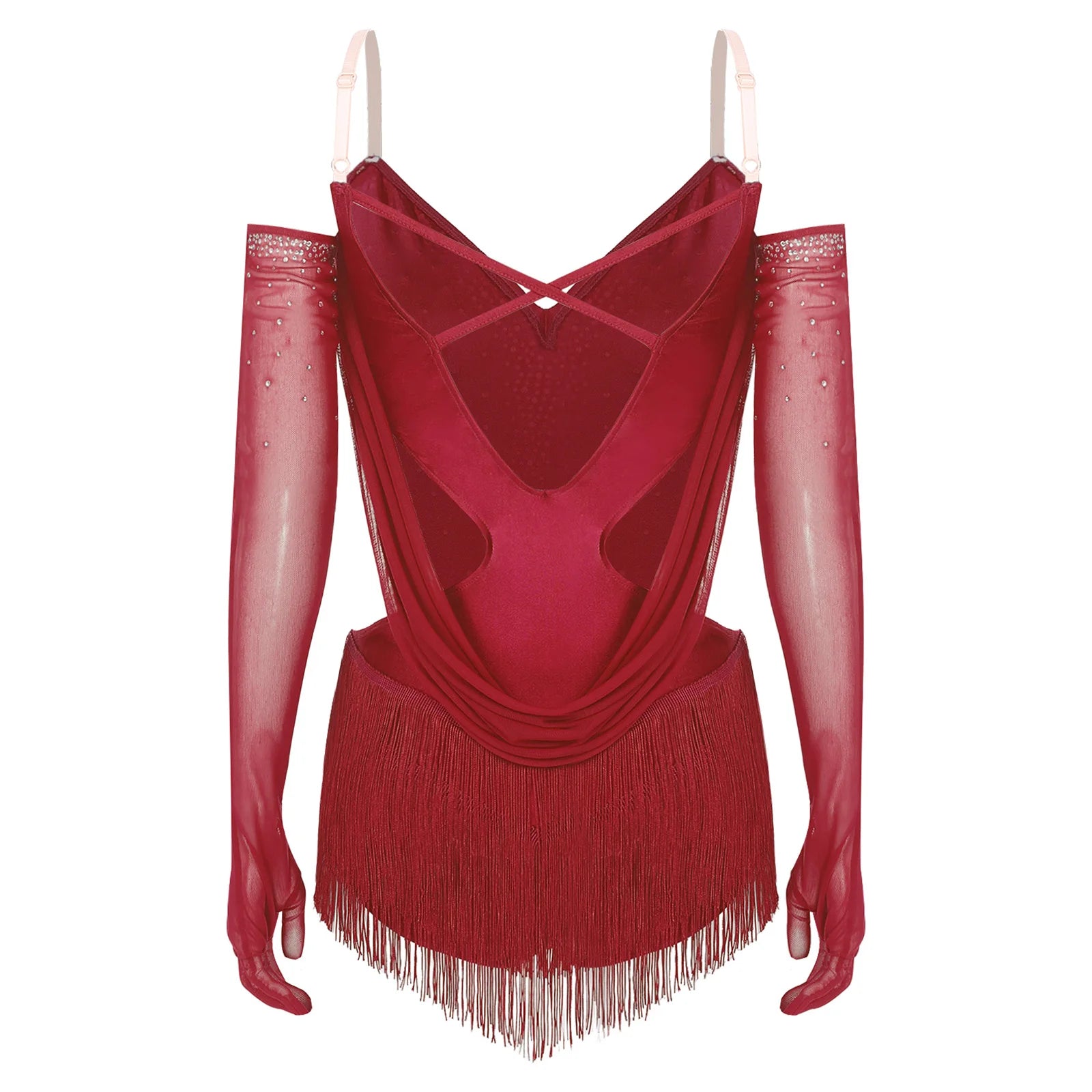 Sparkly Rhinestone & Tassel Fringe Dance Leotard with Gloves Two-Piece Stage Costume