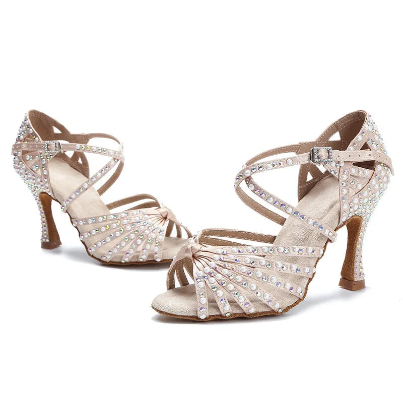 Sparkly AB Rhinestone Latin Dance Shoes Soft Bottom Ballroom Competition Heels