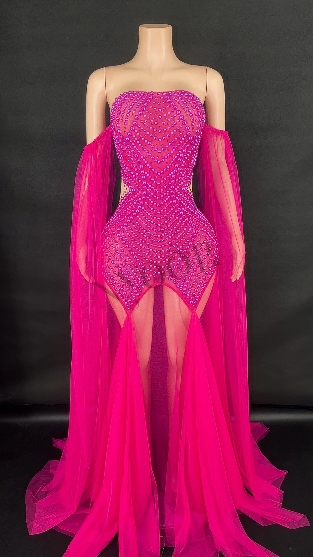 Rhinestone & Pearl Off-Shoulder Sheer Illusion Long Dress Gala Evening Costume