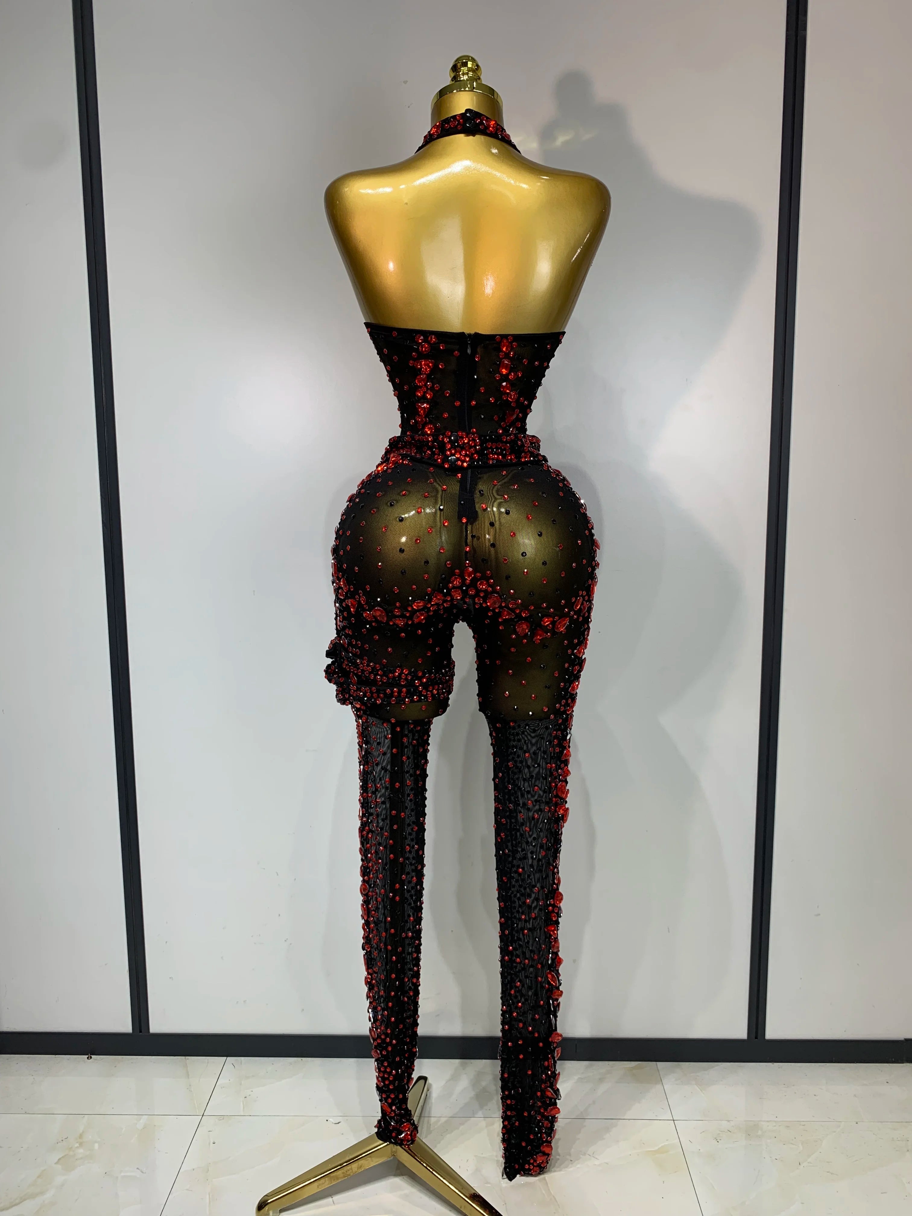 Crimson Diamond Rhinestone Catsuit Sheer Mesh Backless Jumpsuit Stage Costume
