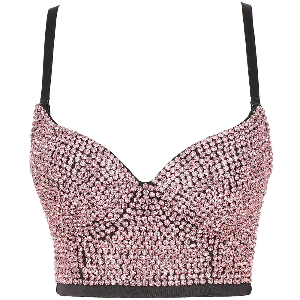 Sparkly Diamond Rhinestone Corset Top Showgirl Stage Performance Push-Up Bustier