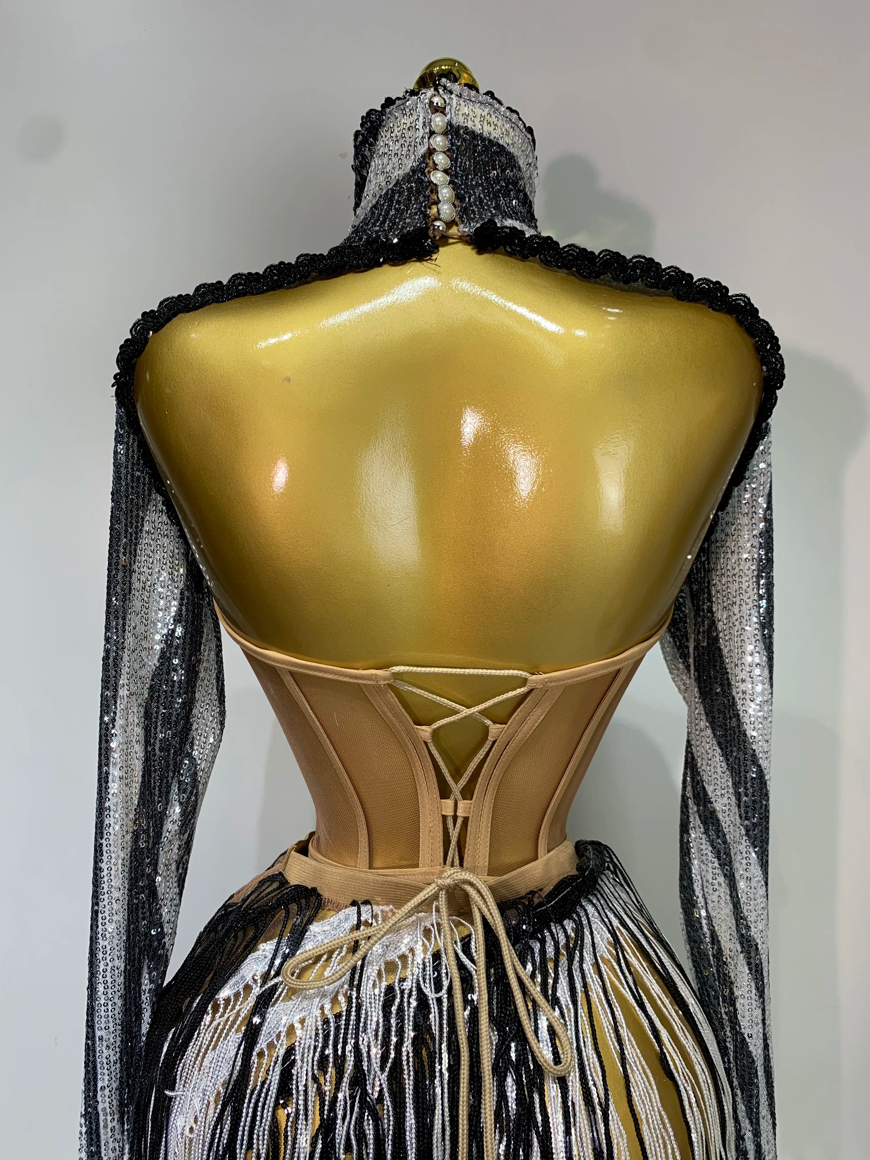 Sequined Long-Sleeve Diamond Top & Asymmetric Fringe Skirt 2-Piece Latin Dance Costume Set