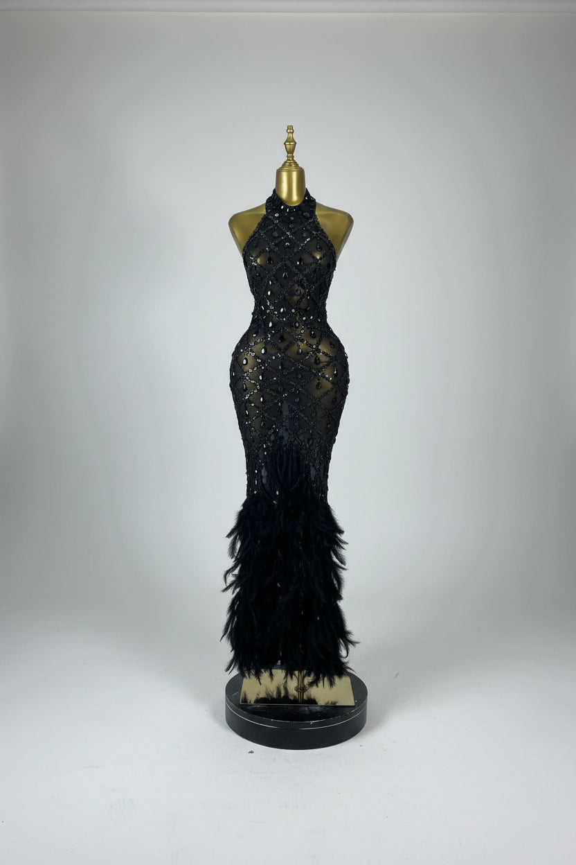 Luxury Rhinestone Crystal Turtleneck Gala Gown & Feather Hem Evening Maxi Dress