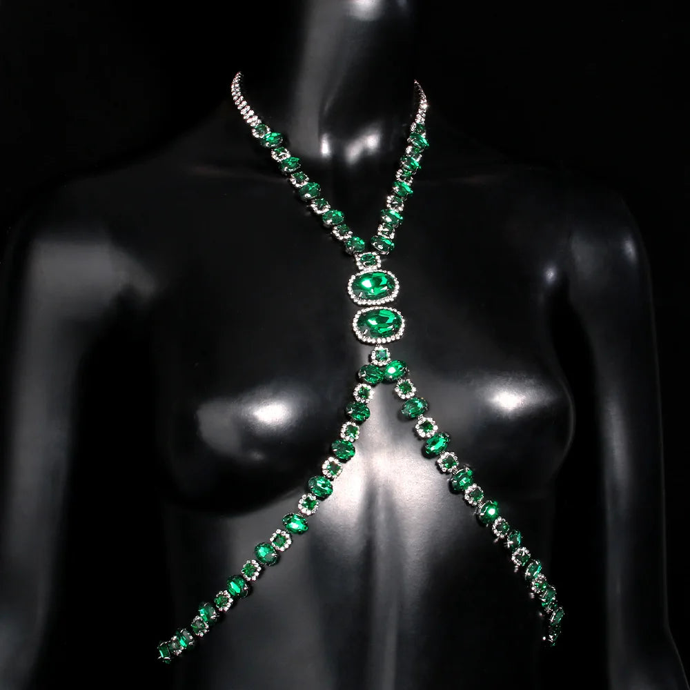 Men's Green Crystal Rhinestone Body Chain Harness Punk Stage Cross Chest Collar