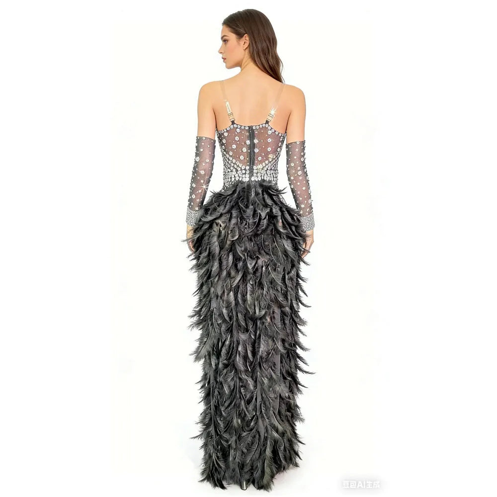 Rhinestone Chain Bodysuit with Detachable Feather Train & Sleeves 3-Piece Stage Costume Set