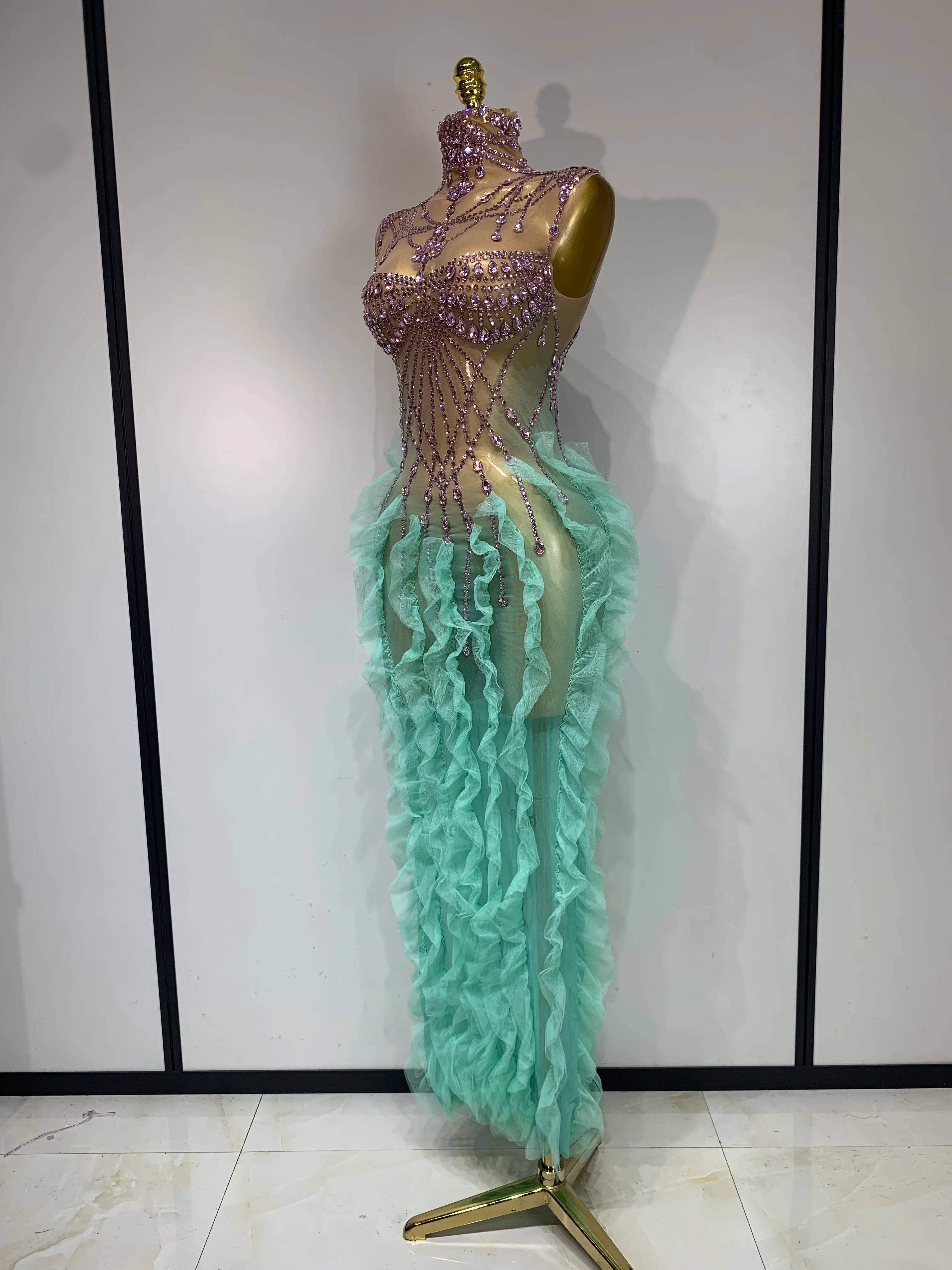 Mint Green Ombré Rhinestone Illusion Gown Tiered Ruffle Hem Maxi Stage Dress