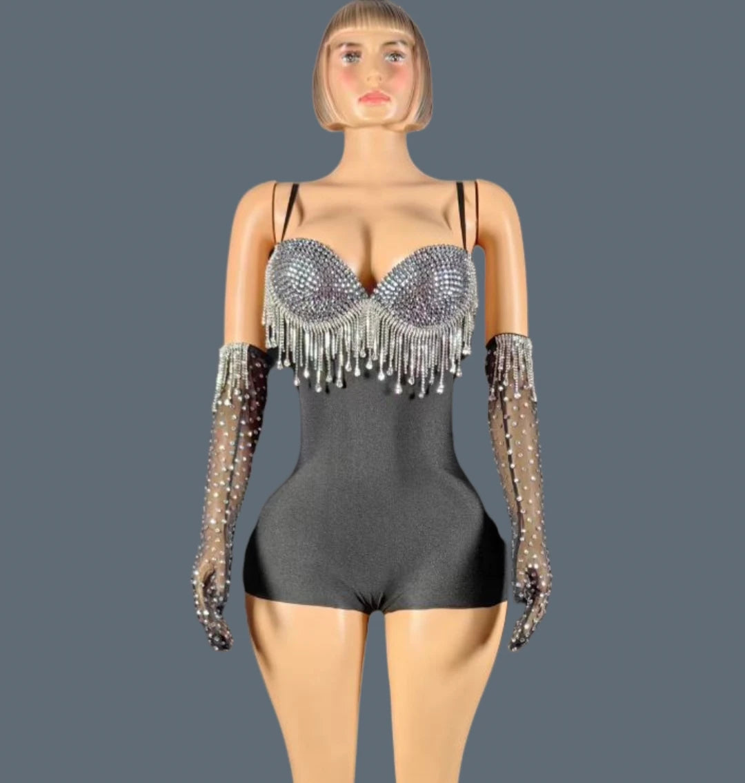 Black Spandex Crystal Tassel Bodysuit with Matching Gloves Stage Performance Set