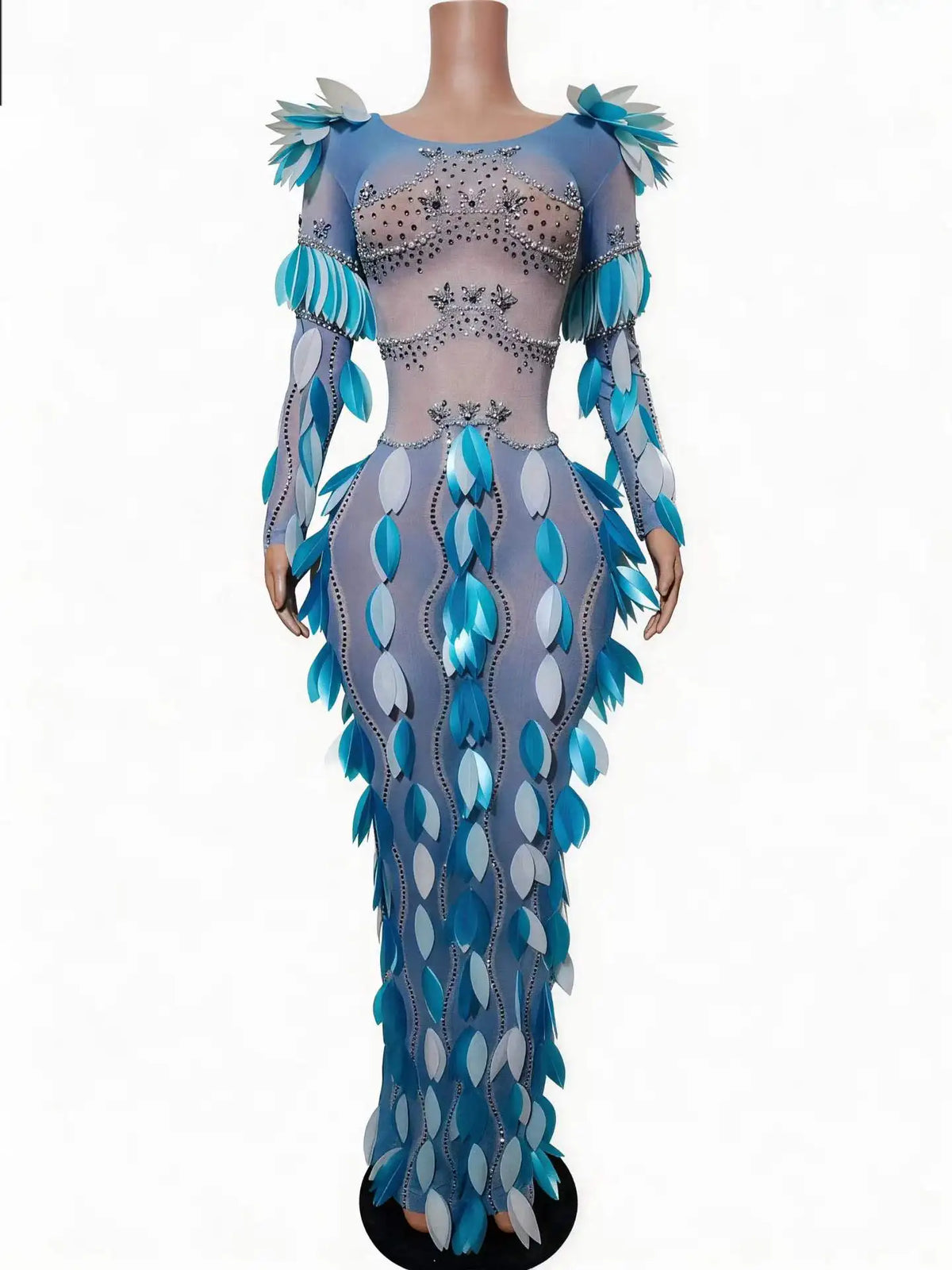 Women's Rhinestone Pearl Leaf Mesh Long Dress | Luxury Sparkly Gown for Wedding, Birthday & Stage