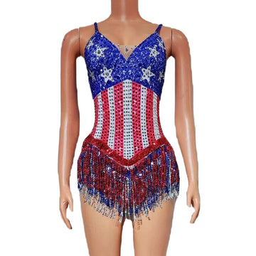 Sparkly Patriotic Rhinestone Sequin Tassel Bodysuit Americana Stage Leotard
