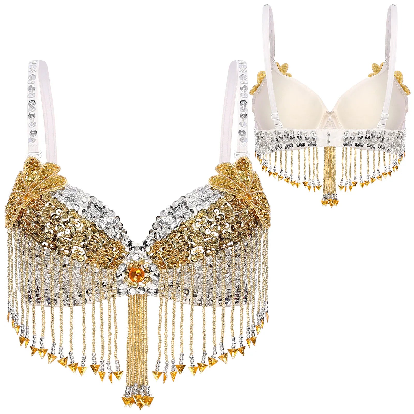 Sparkly Floral Beaded Sequin Belly Dance Bra & Tassel Performance Top