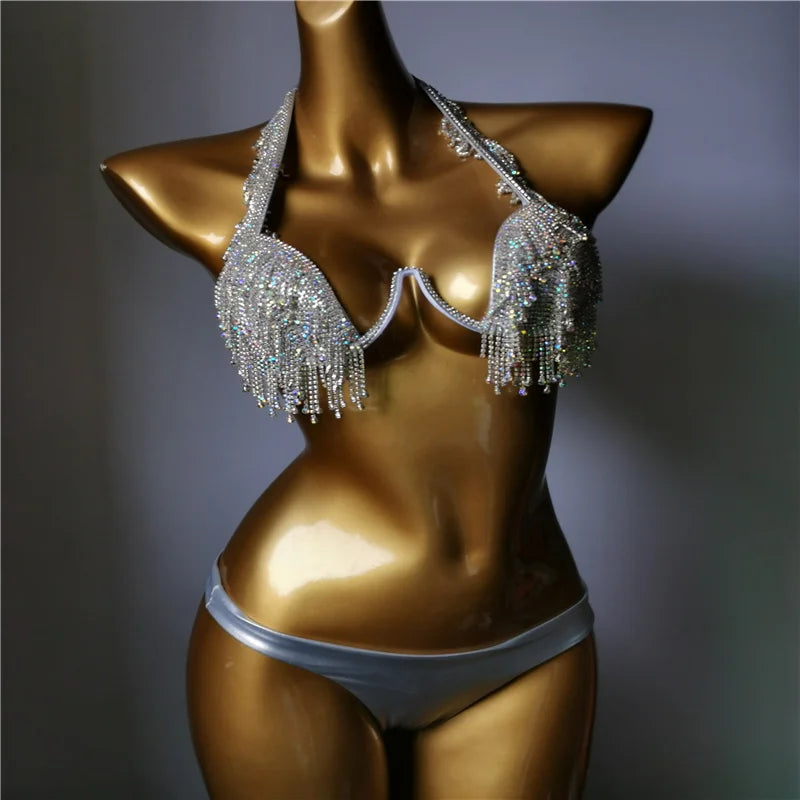 Luxury Rhinestone Siamese Monokini – Shimmering Crystal Cut-Out One-Piece Swimsuit & Elegant Body Harness Bathing Suit
