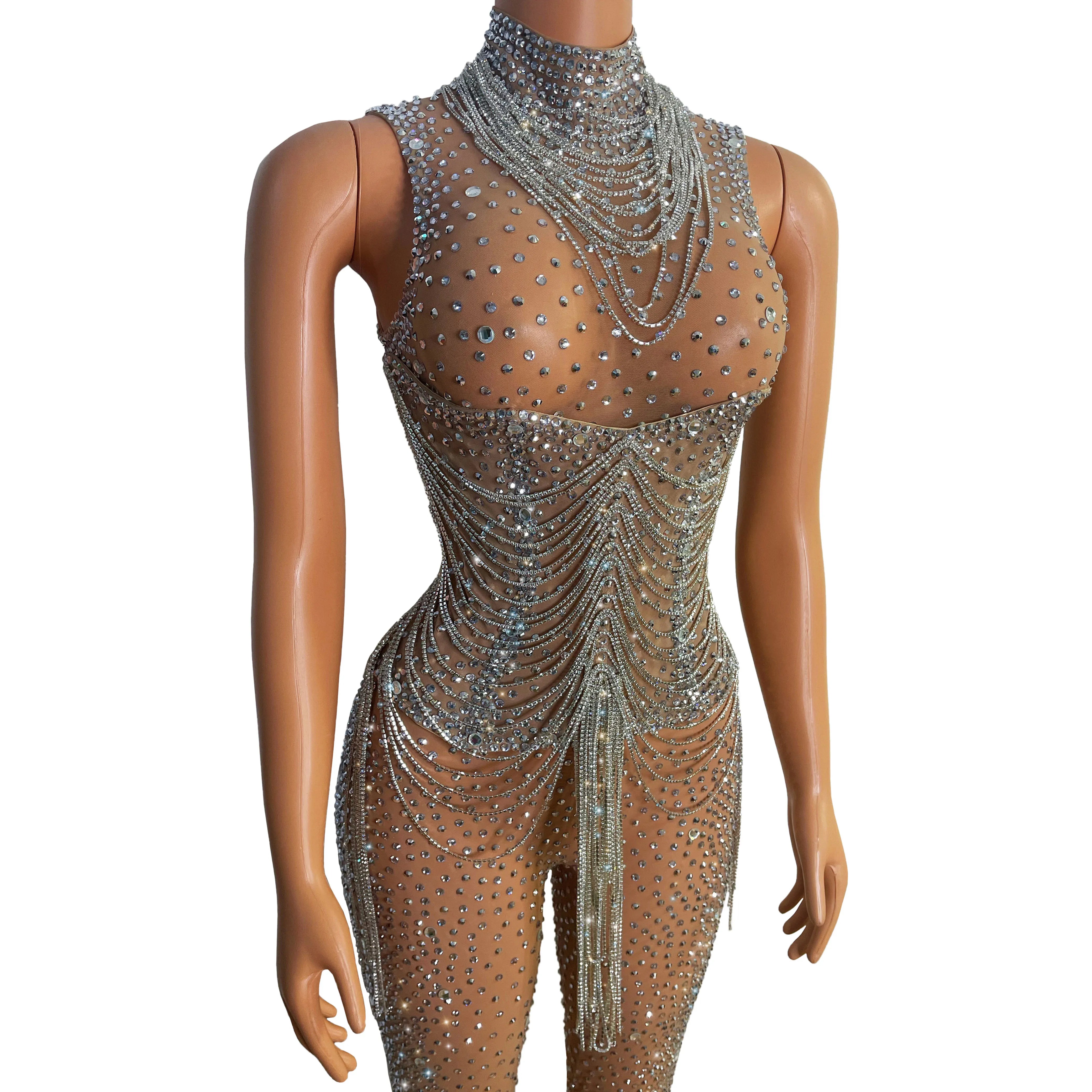 Silver Crystal Fringe Illusion Jumpsuit Long Sleeve Rhinestone Catsuit Stage Wear
