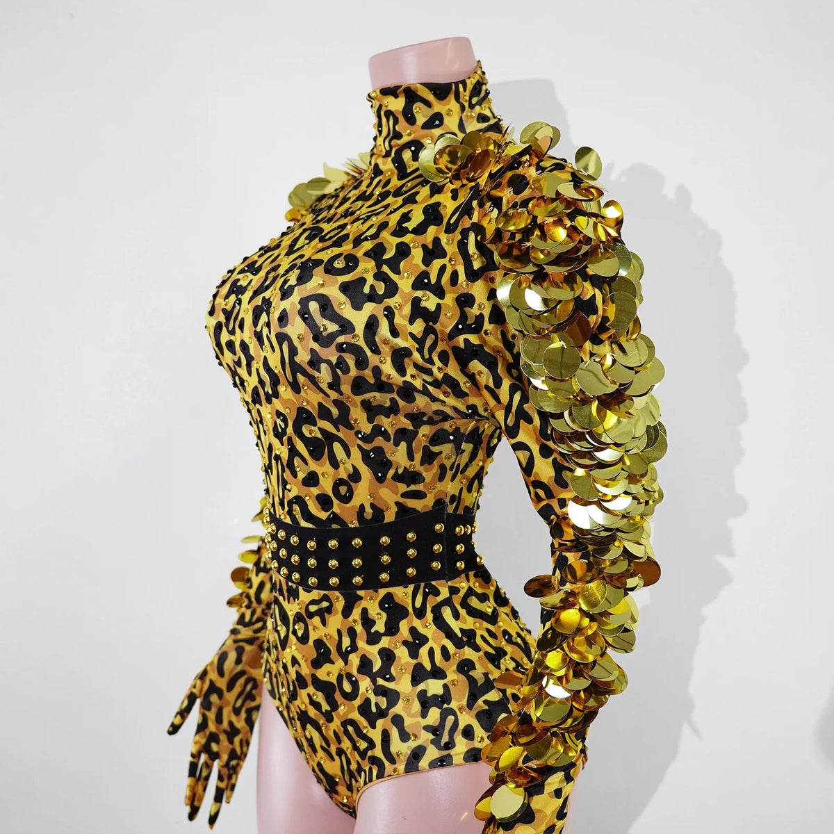 Vintage-Inspired Leopard Print Shiny Rhinestone Sequin Leotard
