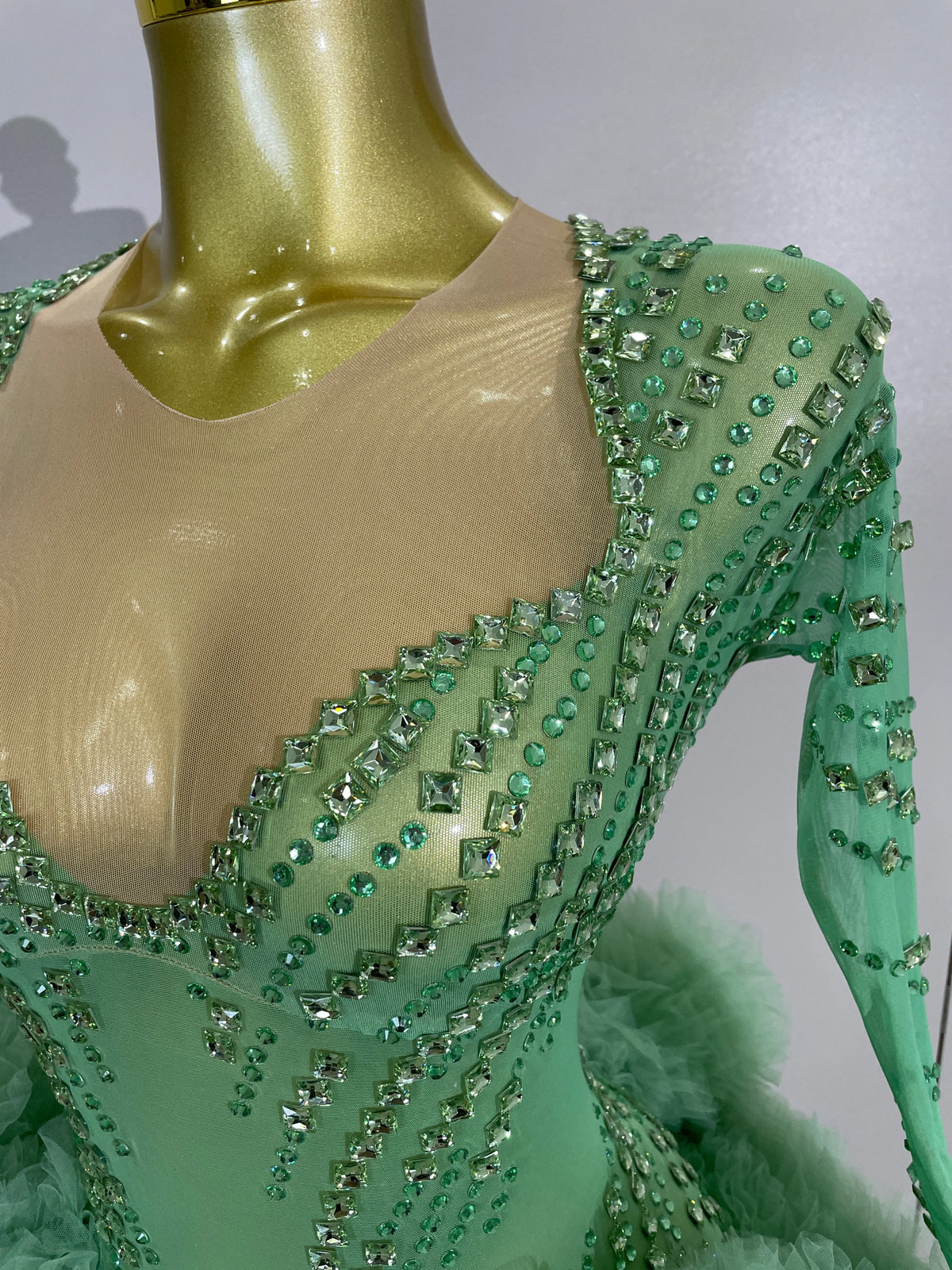 Green Rhinestone Mesh Performance Jumpsuit