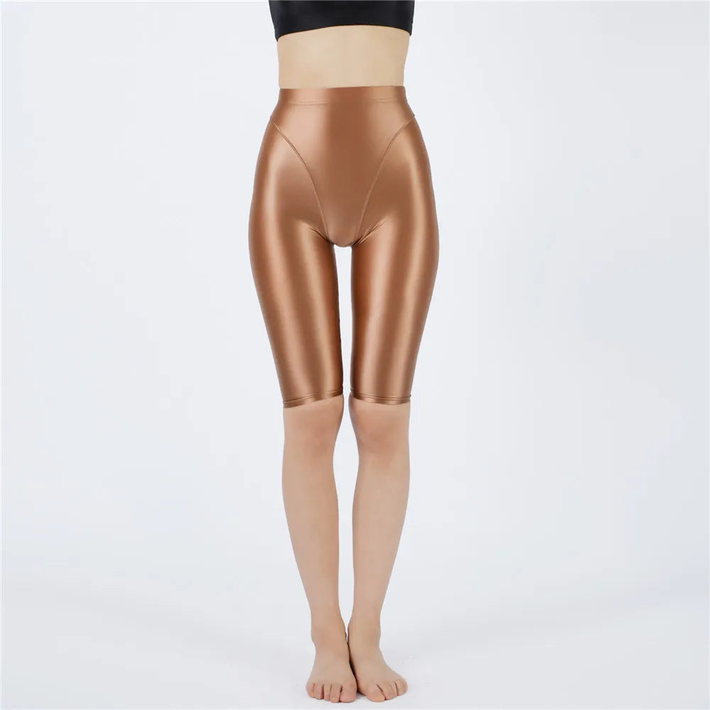 Oil Glossy High-Stretch Knee-Length Shorts Satin Shine Performance Biker Shorts