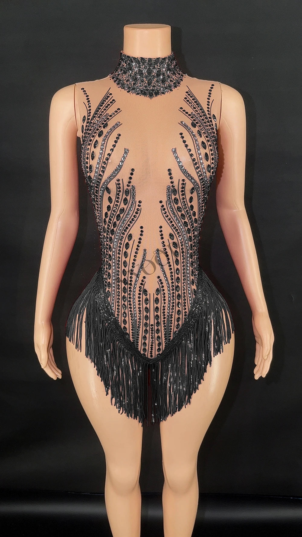 Sparkly Rhinestone, Sequin & Fringe Sleeveless Bodysuit Stage Performance Costume