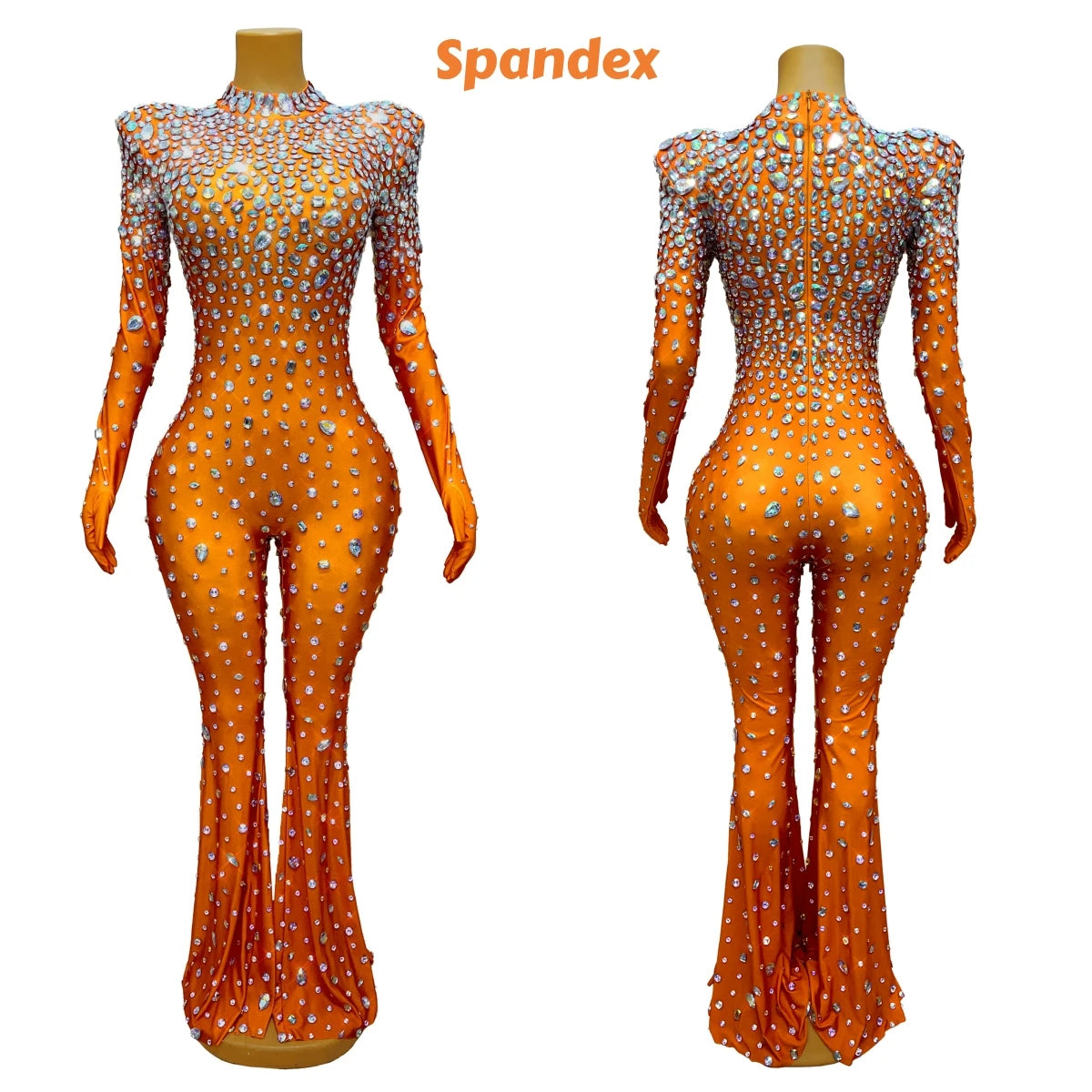High Grade Sparkly Rhinestones Bell-Bottoms Jumpsuit Cocktail Party Fashion Show Singer Dancer Performance Costume