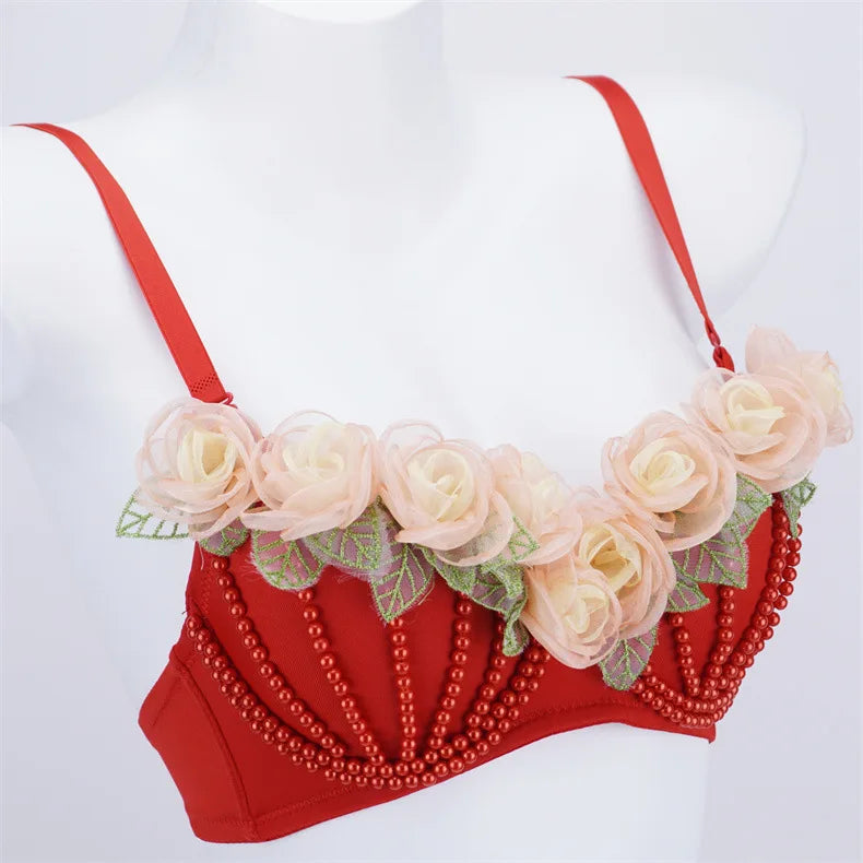 Organza Floral & Pearl Bustier Bra Top | Kawaii Stage & Nightclub Bralette