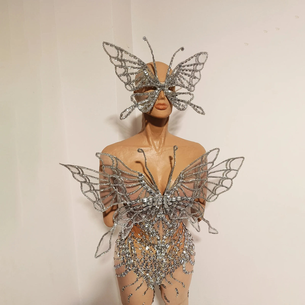 Silver Crystal Mesh 3D Butterfly Rhinestone Wings Jumpsuit