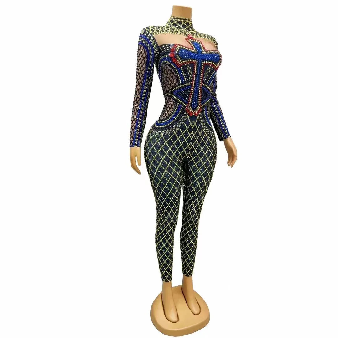 Women's Rhinestone Sparkly Jumpsuit | Sexy Stage Costume for Prom, Club, Birthday & Festival