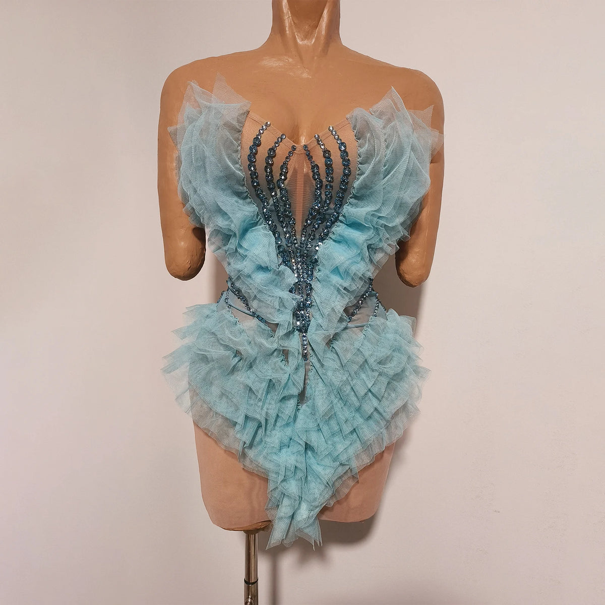 Vintage-Inspired Sparkly Rhinestone Sheer Blue Geometric Pattern Tube Short Dress