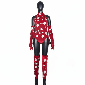 Crimson Starlet Red Velvet Star Bodysuit & Matching Choker Gogo Rave Stage Costume