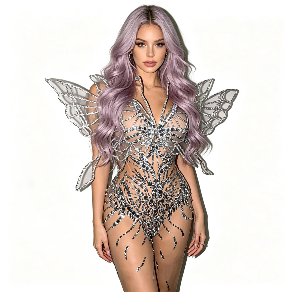 Silver Crystal Mesh 3D Butterfly Rhinestone Wings Jumpsuit