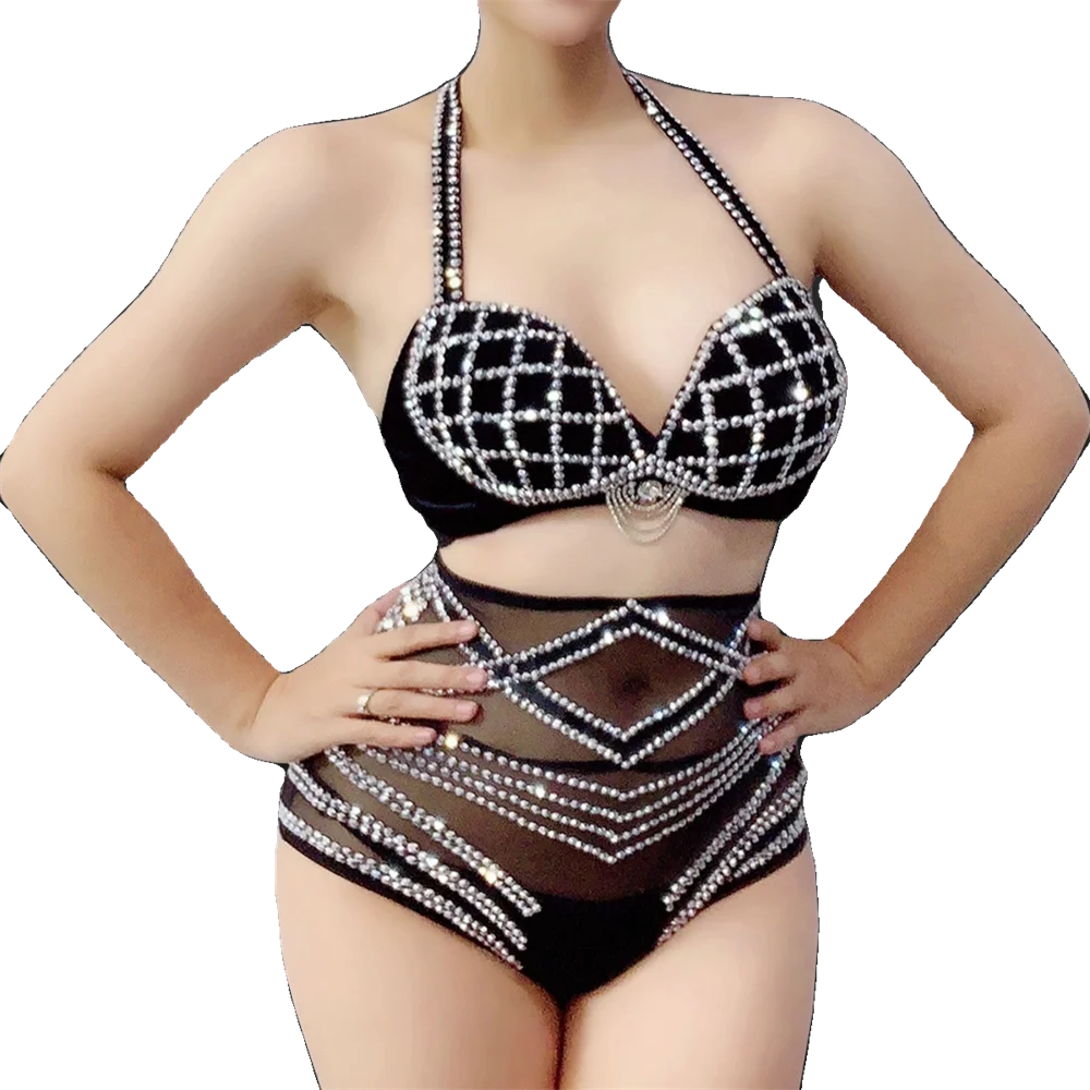Black Rhinestone Grid Bikini & Feather Wing Headpiece Gogo Stage Costume Set