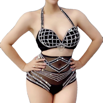 Black Rhinestone Grid Bikini & Feather Wing Headpiece Gogo Stage Costume Set