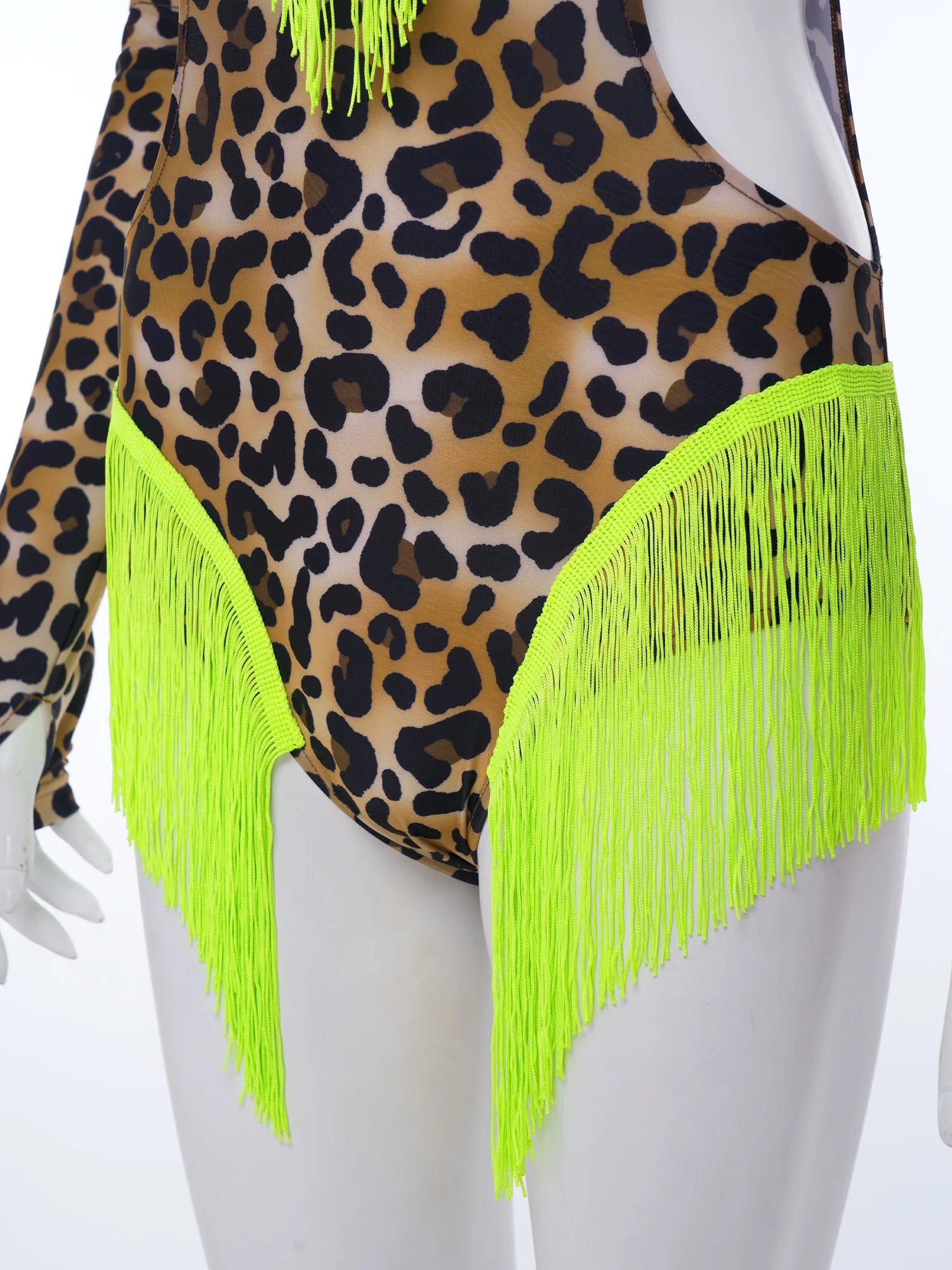 Leopard Cutout Bodysuit & Fringe Sleeves 2-Piece Latin Ballroom Stage Costume Set