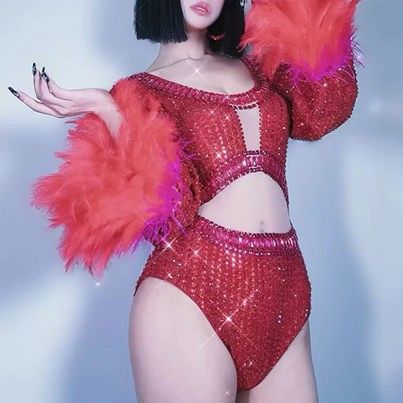 Red Hollow-Out Rhinestone Bodysuit & Feather Trim Stage Performance Costume