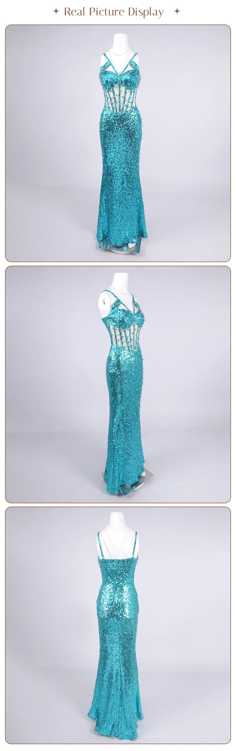 Cyan Sequin & Crystal Cross-Strap Gown