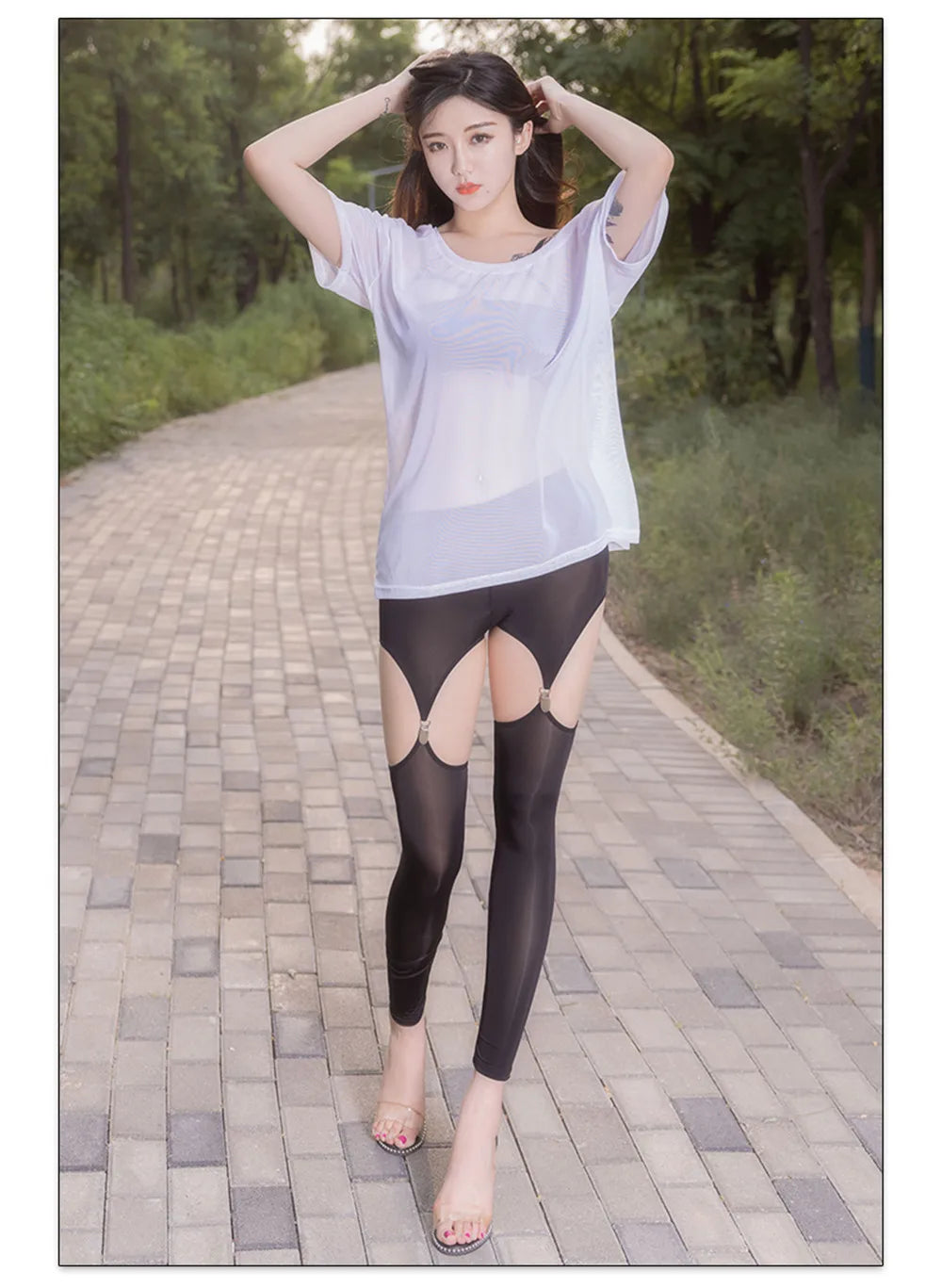 Sexy Hollow Out Buckle Shaper Tight Pencil Pants Elastic Low Waist Pants Streetwear See Through Oil Shiny Leggings With Garter B