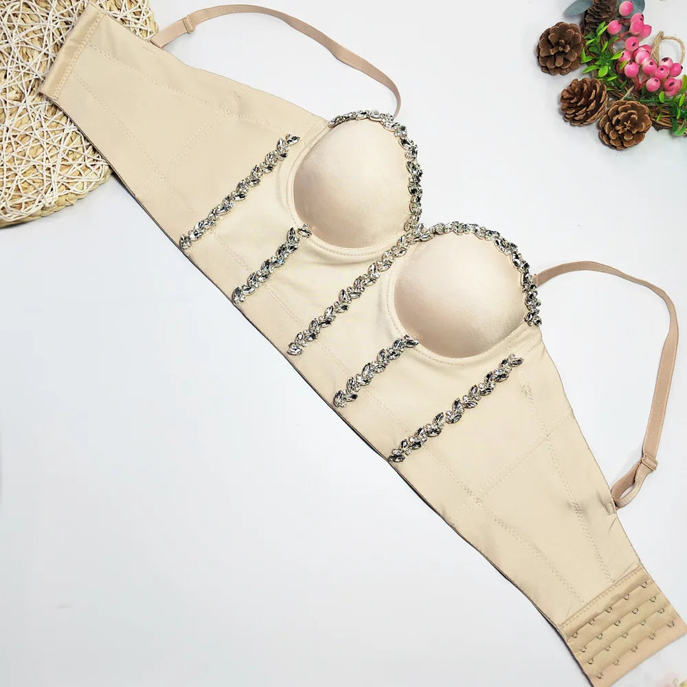 Crystal Chain Strap Bustier Corset Crop Top Hook-and-Eye Stage Bralette