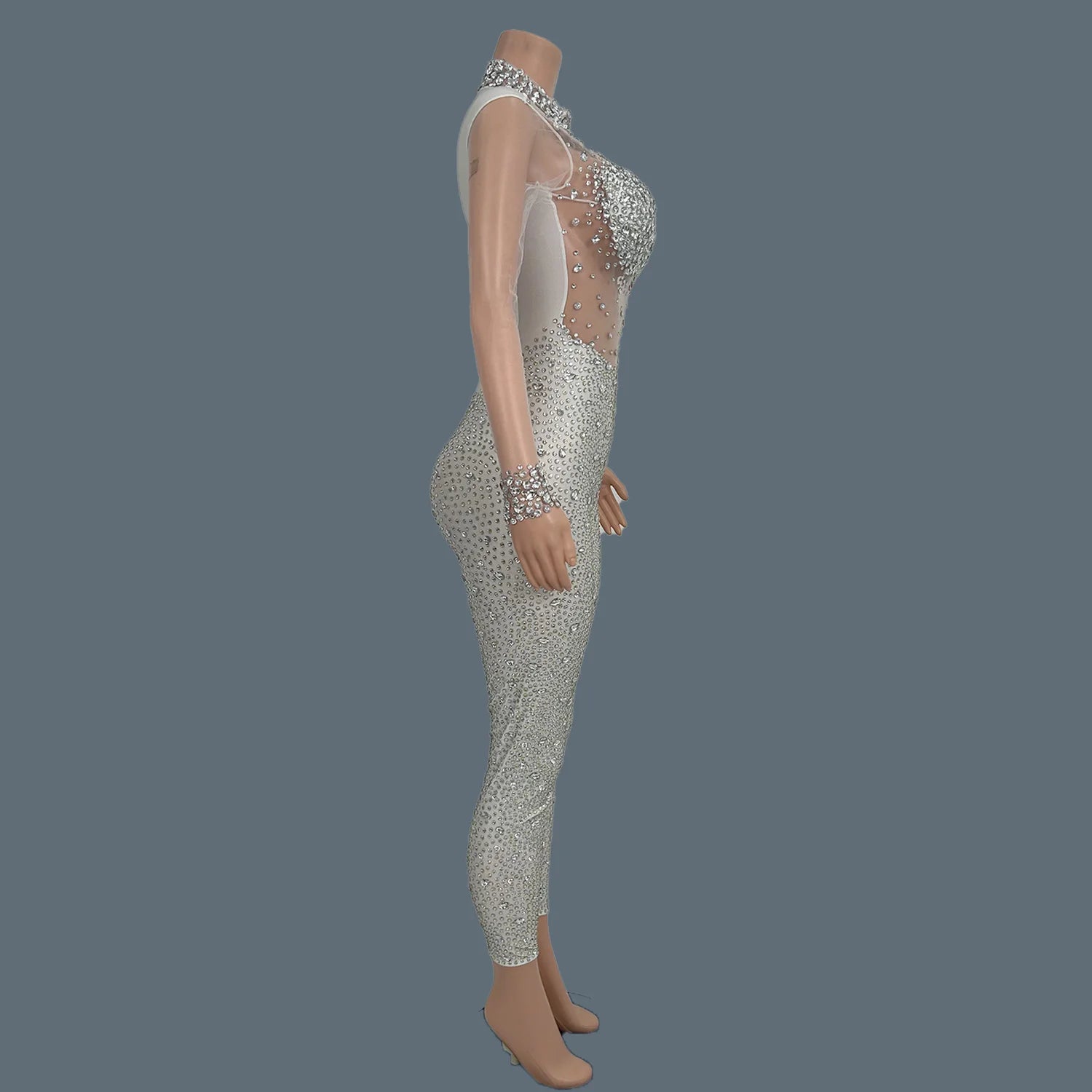 Sparkly Crystal Mesh Sheer Illusion Jumpsuit Stage Catsuit Costume