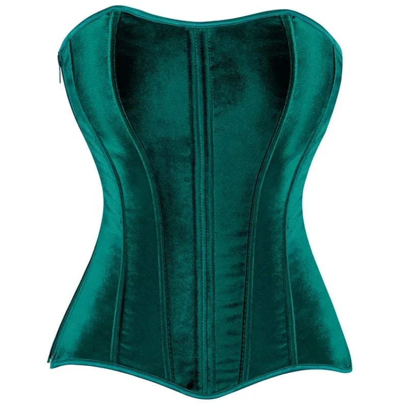Green Velvet Overbust Corset Top Side Zipper Lace-Up Boned Bustier Top