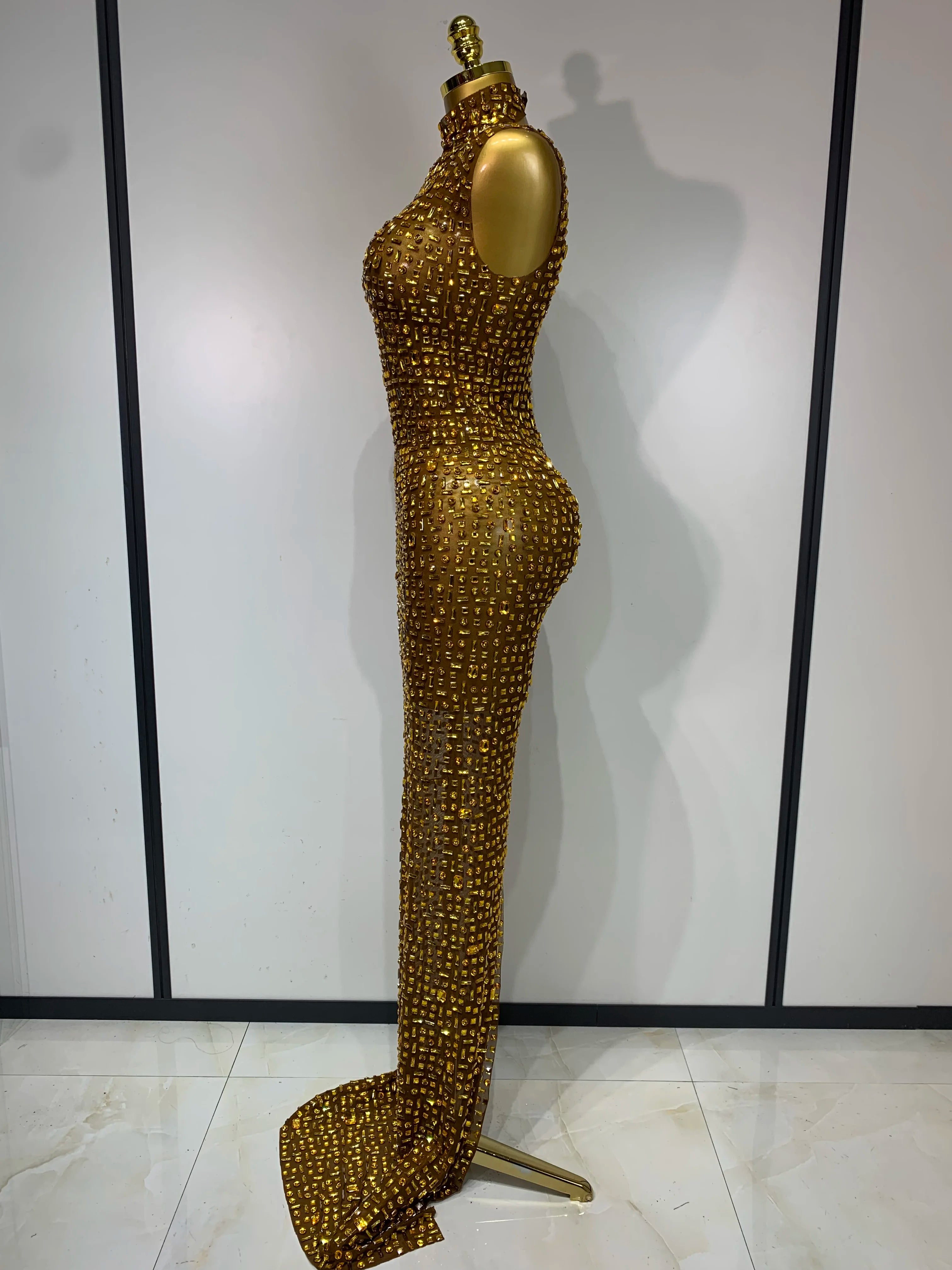 Sparkly Rhinestone Sleeveless Maxi Long Dress See-Through Sheer Mesh Stage Outfit