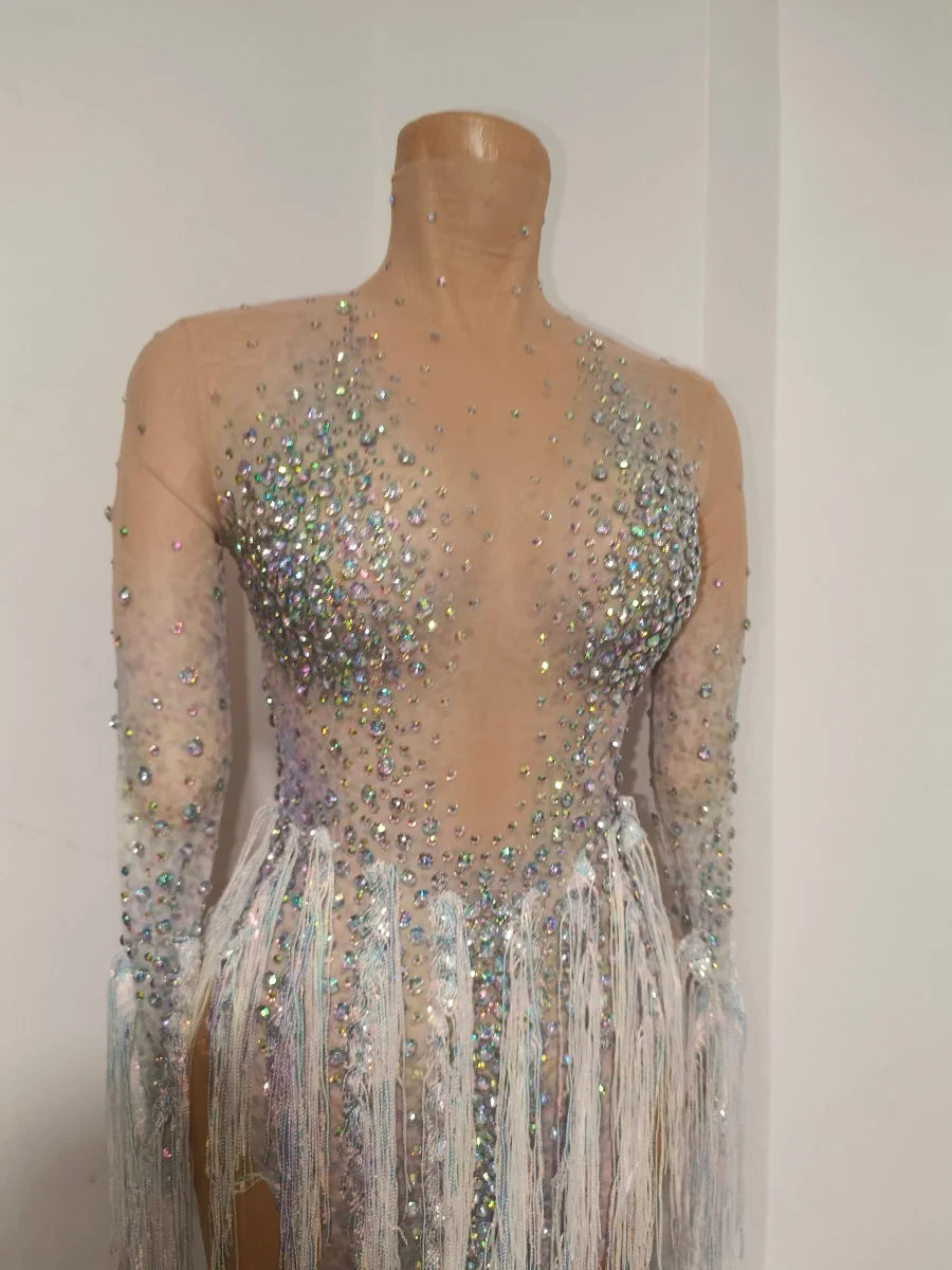 Iridescent Crystal Tassel Long Sleeve Sheer Mesh Stage Bodysuit Costume