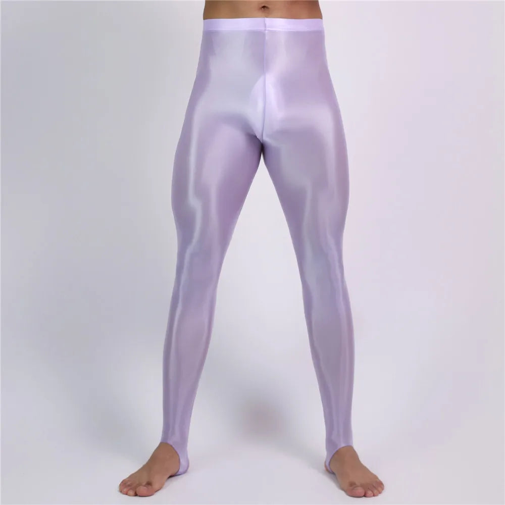 Men's Slim Tights Pencil Pants Stain Smooth  Oil Glossy Shiny Elastic Yoga Leggings Sheer See Through Full Pants Plus Size