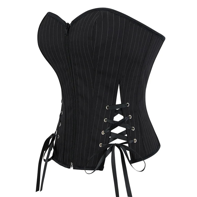Black Striped Overbust Corset Top Zipper Front Lace-Up Bustier Body Shaper